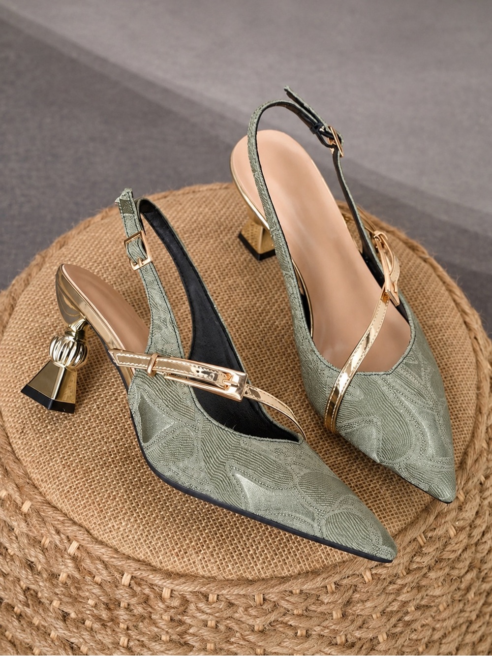 Sage Green Slingback Kitten Heels with Gold Accents